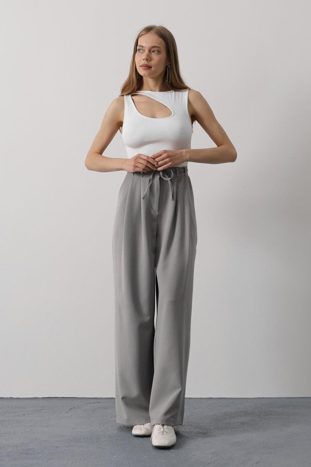 Pileli Bağcıklı Oversize Pantolon - Gri (162830)