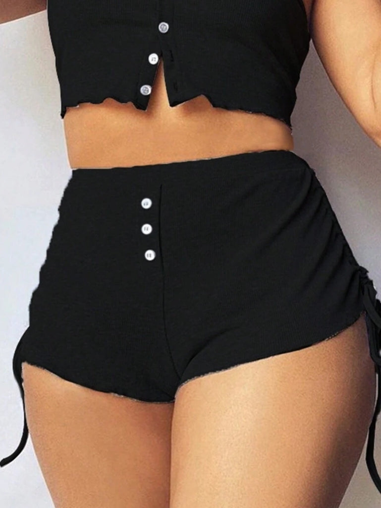 Kadın Ip Askılı Crop Bluz Ve Yanlardan Büzgülü Ikili Kaşkorse Short Takım (164212)