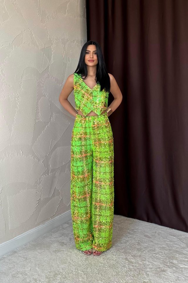 Yeşil Pullu Yelek Ve Pantolon Takım (153024)