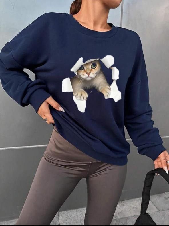 Kadın Uzun Kollu Bisiklet Yaka Kedi Desenli Viskon Iki Iplik Bluz (135292)