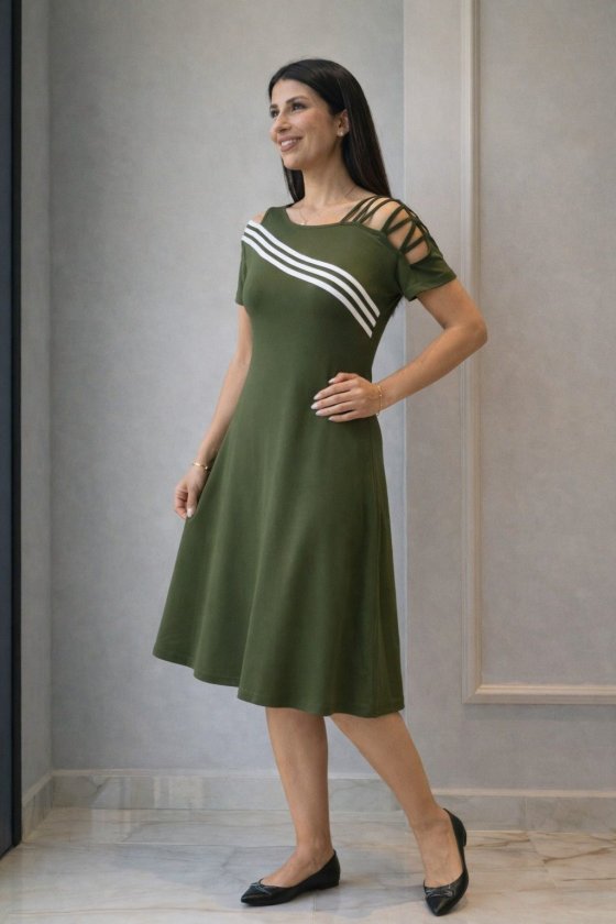 Kadın Kısa Kollu Omuzlardan Açık şerit Detaylı Midi Viskon Elbise (191063)
