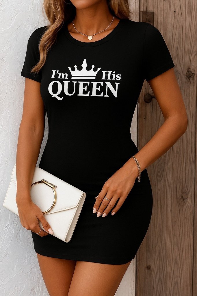 Kadın Kısa Kollu Queen Baskı Iki Iplik Mini Elbise (190208)