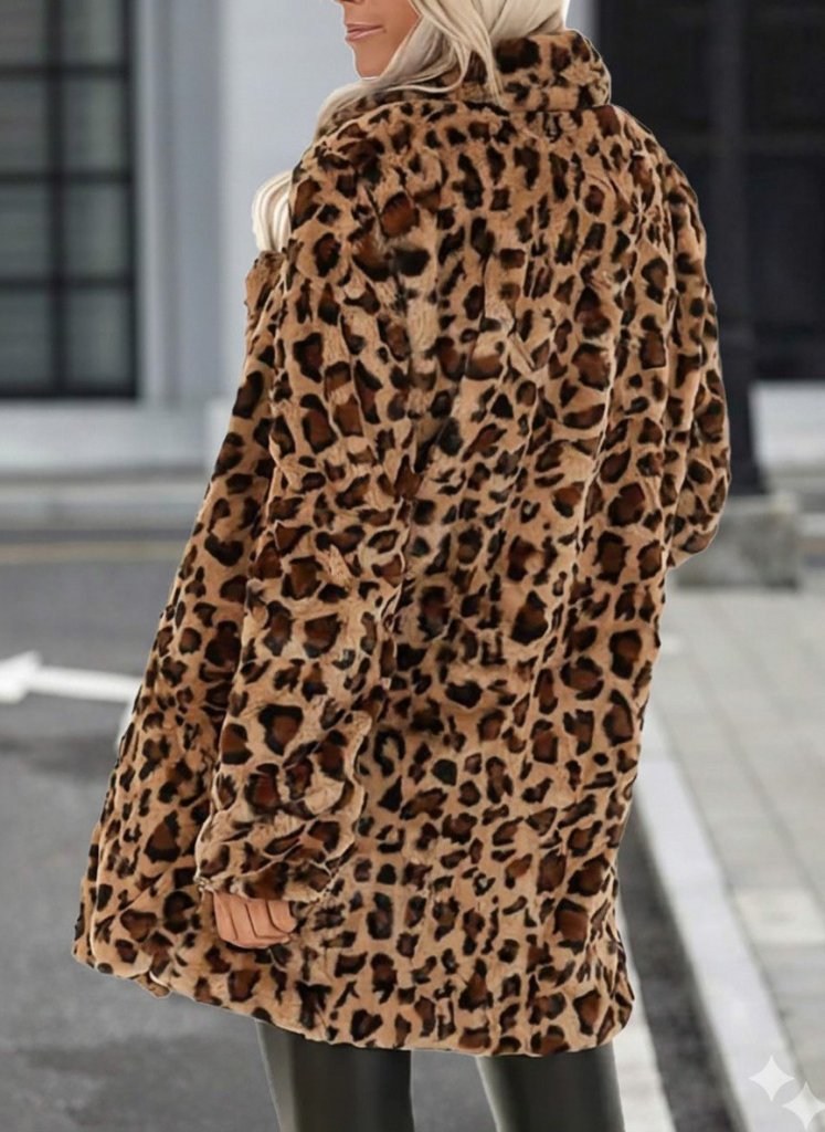 Kadın Uzun Kollu Yakalı Cepli Kısa Peluş Leopar Kaban (174988)