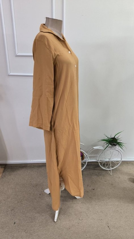Kadın Uzun Kollu Yakalı önden Düğmeli Geniş Kesim Detaylı Uzun Elbise (189657)