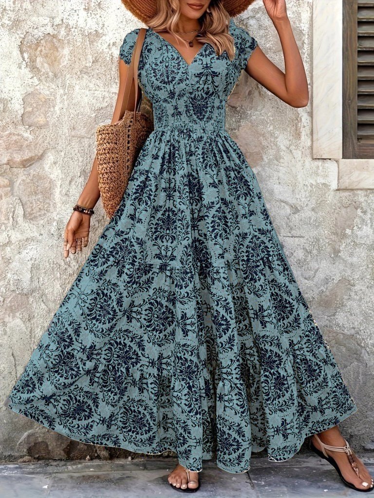Kadın Kısa Kollu Kruvaze Yaka Beli Lastikli Süprem Maksi Boy Elbise (164508)