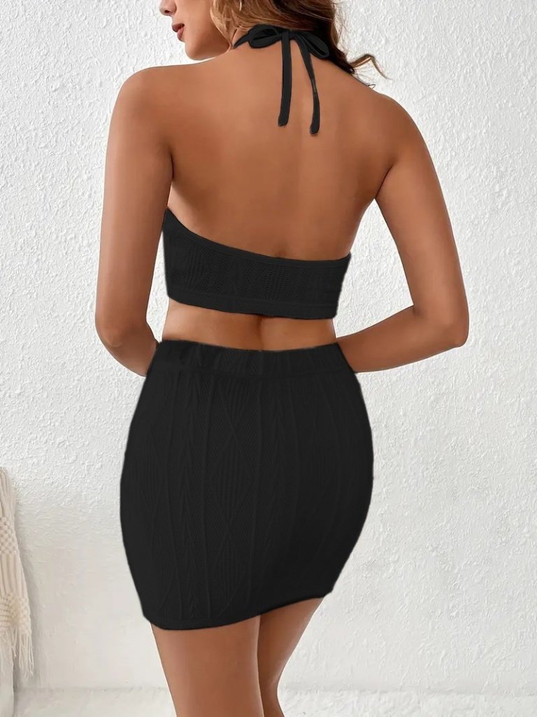 Kadın Sıfır Kol Crop Mini Etek Ikili Triko Takım (161560)