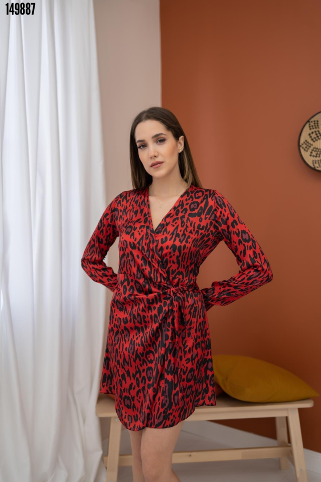 Kırmızı Leopar Desenli Saten Elbise