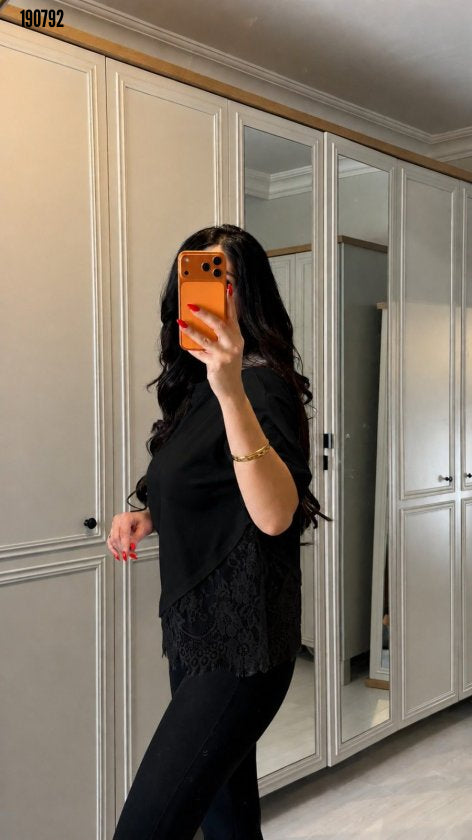 Kadın kısa kollu bisiklet yakalı dantel detaylı viskon iki iplik bluz