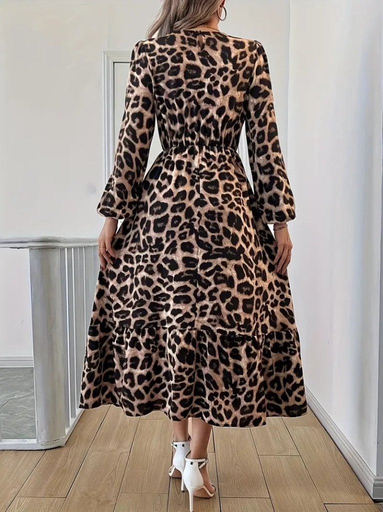 Uzun Kollu Bisiklet Yaka Leopar Desenli Midi Süprem Elbise (175234)