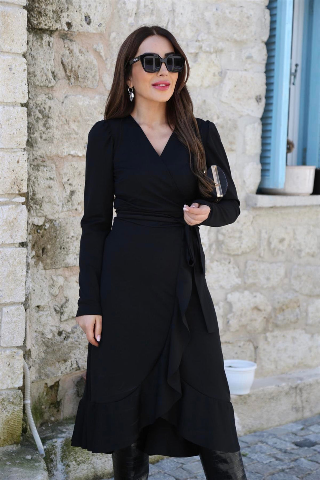 Krep Kumaş Midi Boy Kuşaklı Uzunkol Elbise 113 Cm (42673)