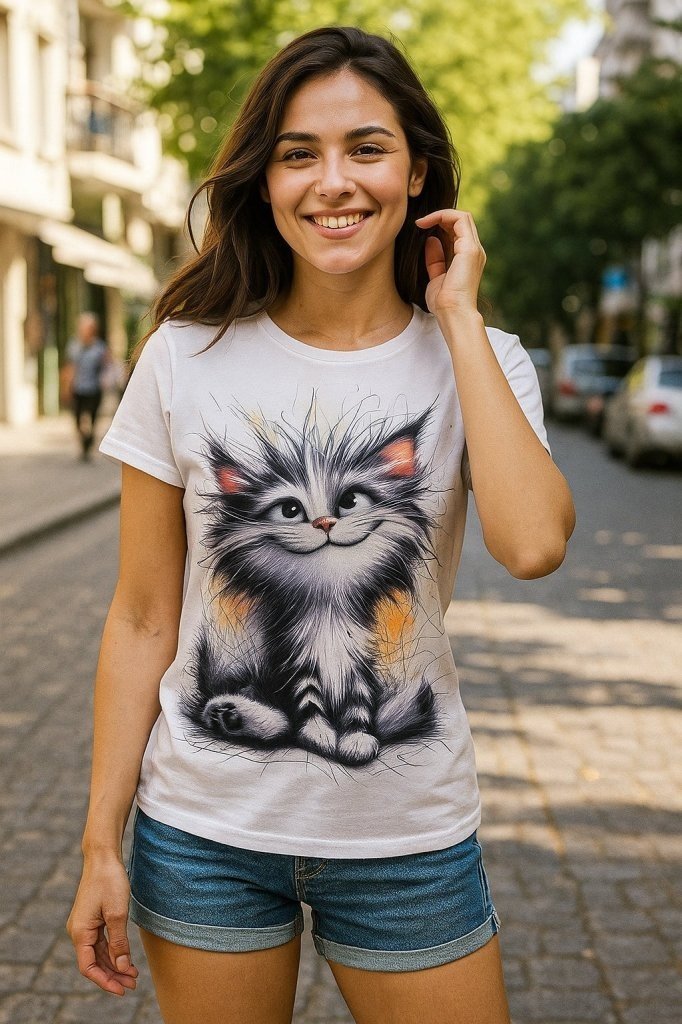 Kadın Kısa Kollu Bisiklet Yaka Kedi Baskılı Süprem Bluz (190035)