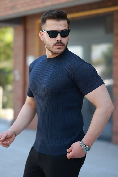 Erkek Bisiklet Yaka örgü Desenli Kısa örme Triko Kısa Kollu T-shirt (161502)