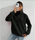 Unisex Uzun Kol Yarım Farmuarlı Yakalı Basic SweatShirt - Siyah (131435)