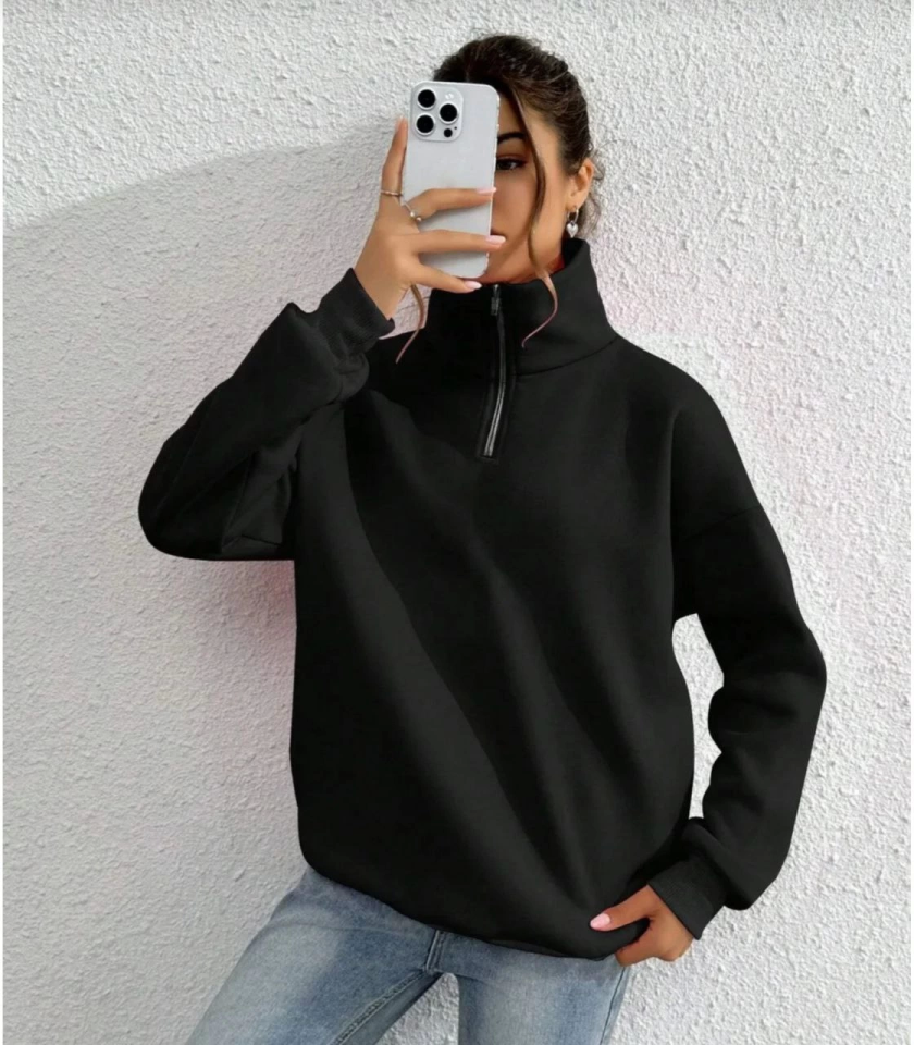 Unisex Uzun Kol Yarım Farmuarlı Yakalı Basic SweatShirt - Siyah (131435)